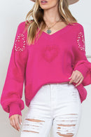 Rose Red Pearl Embellished Fuzzy Hearts V Neck Sweater - SELFTRITSS
