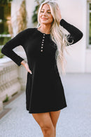 Black Solid Long Sleeve Henley Dress - SELFTRITSS