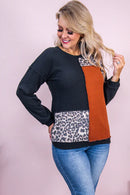 Black Orange Colorblock Leopard Patchwork Waffle Knit Plus Size Top - SELFTRITSS