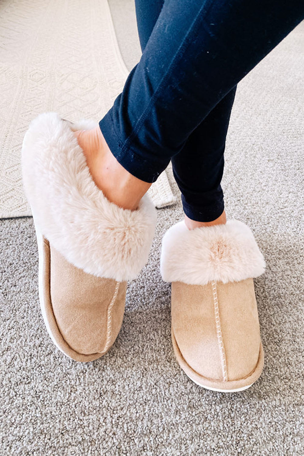 Khaki Cut and Sew Faux Suede Plush Lined Mules - SELFTRITSS
