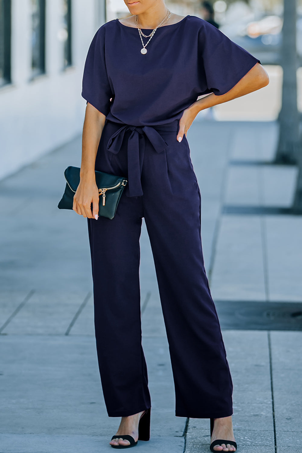 Blue Oh So Glam Belted Wide Leg Jumpsuit - SELFTRITSS