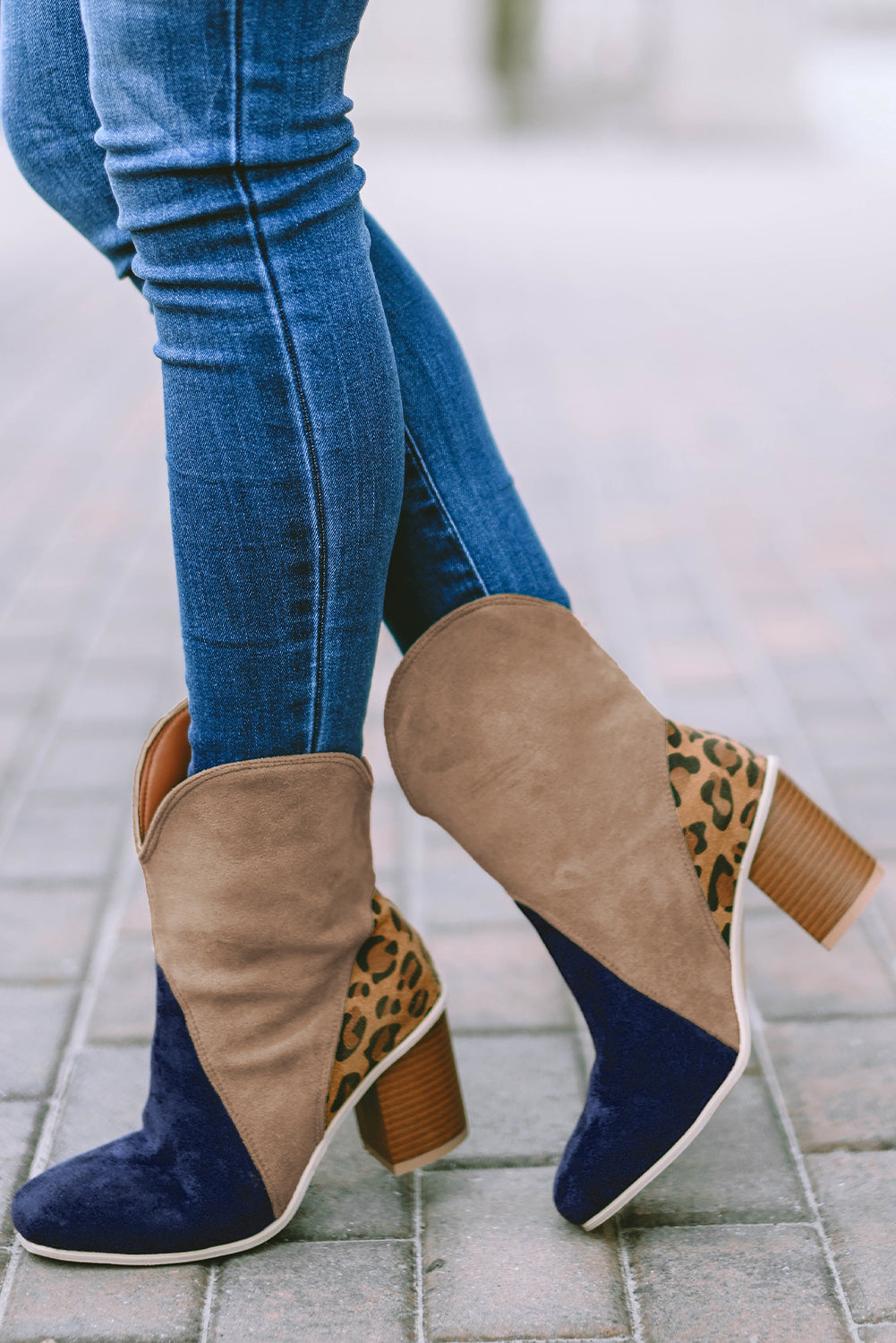 Leopard Print Color Block Patchwork Heeled Boots - SELFTRITSS