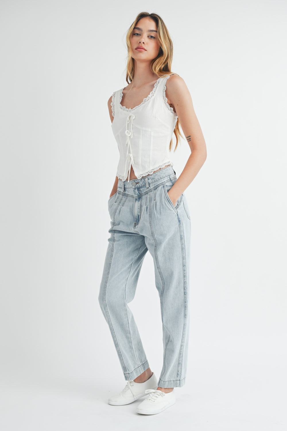 MABLE Pleated Front Detail Straight Jeans - SELFTRITSS   