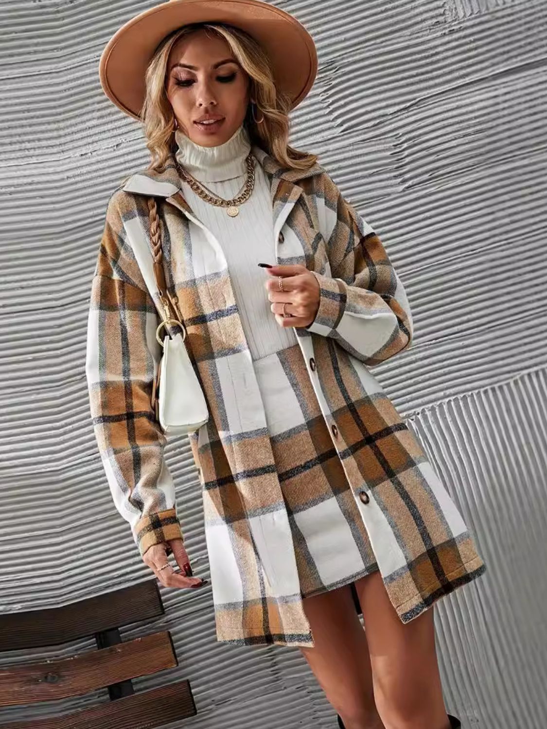 Women's Brown Plaid Long Sleeve Coat & Skirt Set