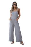 Gray Patch Pockets Spaghetti Strap Wide Leg Jumpsuit - SELFTRITSS   