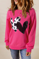 Strawberry Pink Cow & Sequin Double Heart Patch Graphic Sweatshirt - SELFTRITSS