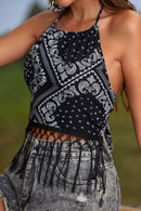 Black Paisley Print Fringe Trim Halter Tank Top - SELFTRITSS