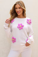 Crochet Flower Round Neck Long Sleeve Sweater - SELFTRITSS   