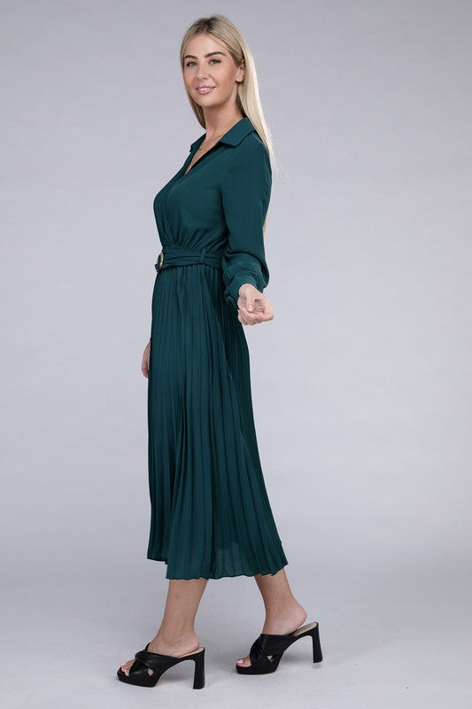 Pleated Maxi Dress with belt - SELFTRITSS   