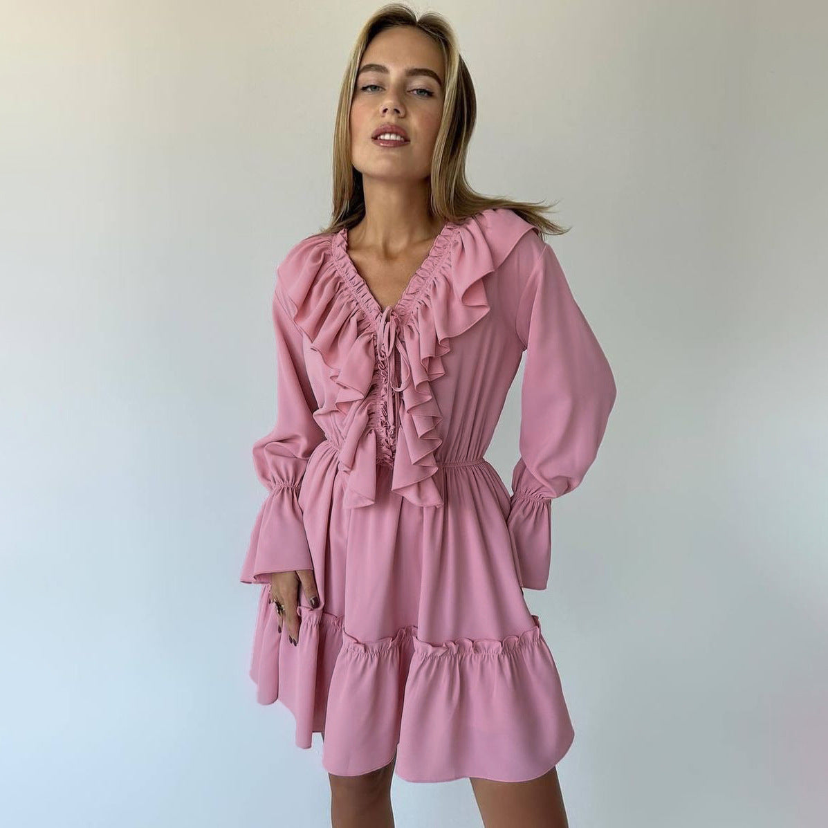 Long Sleeve Ruffle Short Dress - SELFTRITSS   