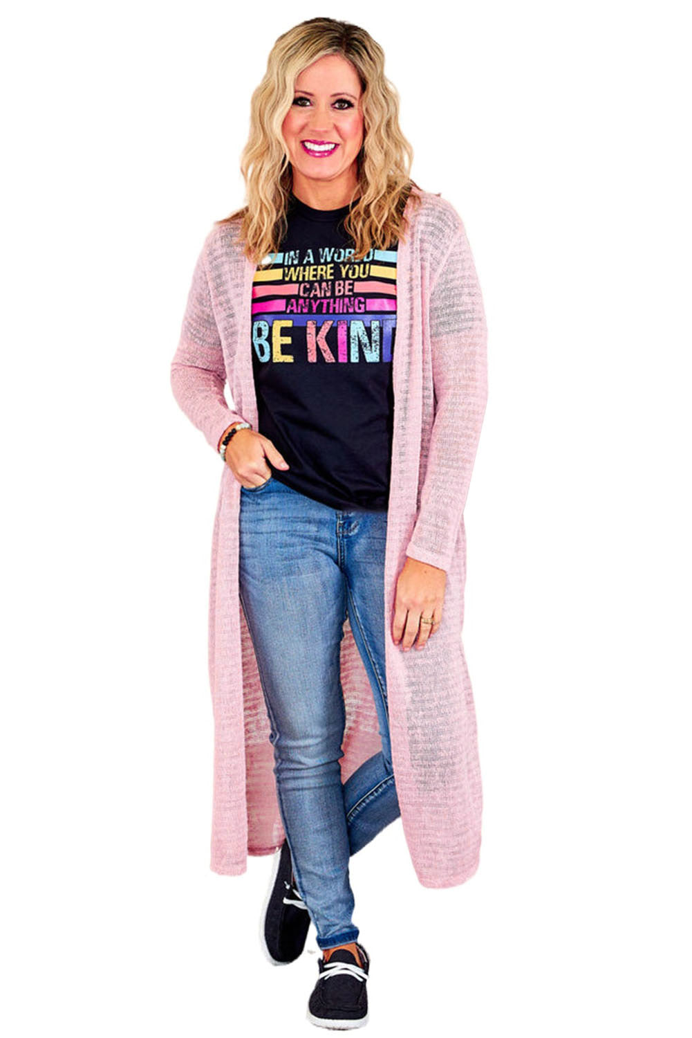 Pink Sheer Knitted Long Side Slit Plus Size Cardigan - SELFTRITSS