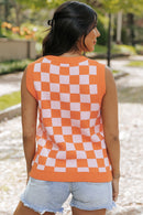 Russet Orange Checkered V Neck Knitted Sweater Vest - SELFTRITSS   