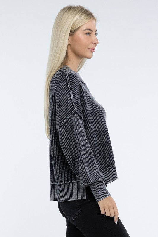 Sage Washed Side Slit Oversized Cropped Sweater