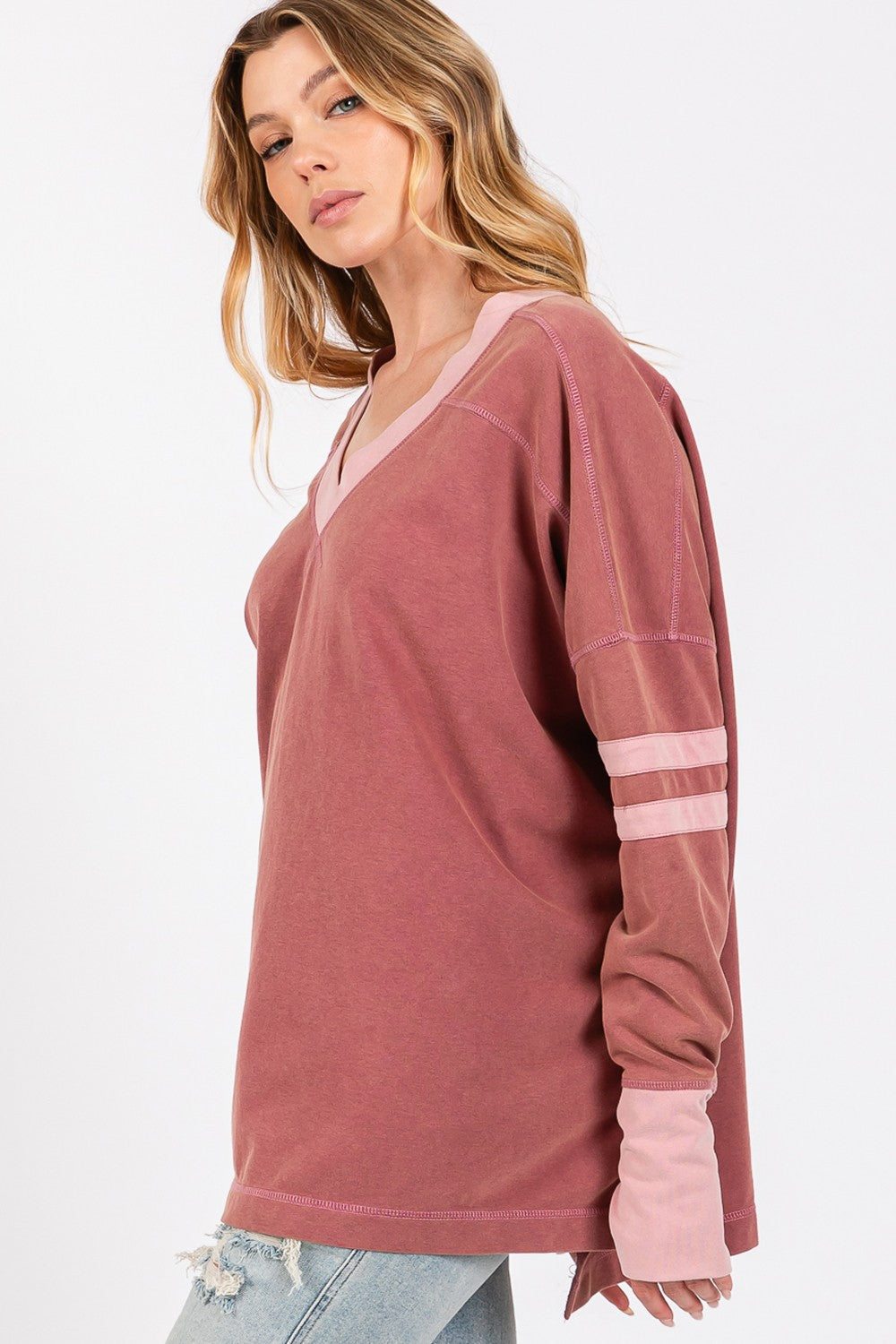 Pink Mineral Wash Side Slit Contrast Sweatshirt - SELFTRITSS   