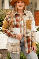 Golden Apricot Plus Size Plaid Patchwork Button up Shacket - SELFTRITSS   