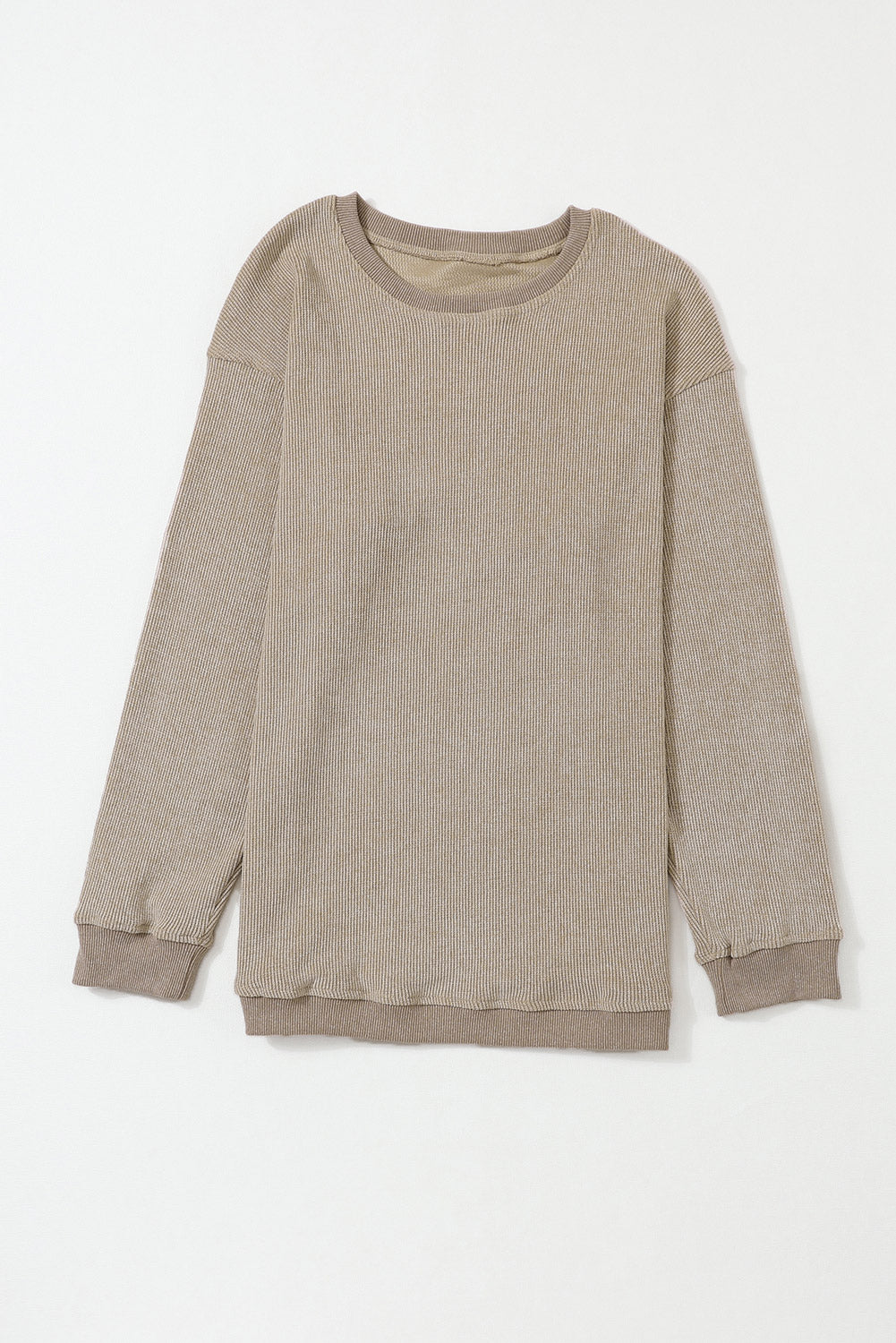 Khaki Solid Ribbed Knit Round Neck Pullover Sweatshirt - SELFTRITSS
