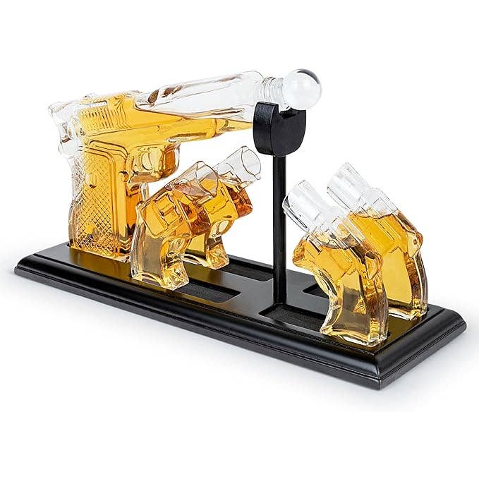 Whiskey Gun Decanter &Shot Glasses Gift Set - Mahogany Tray - SELFTRITSS
