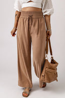 Brown Drawstring Elastic Waist Casual Wide Leg Pants - SELFTRITSS   