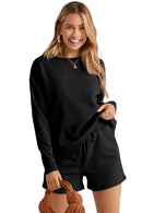 Black Textured Long Sleeve Top and Drawstring Shorts Set - SELFTRITSS