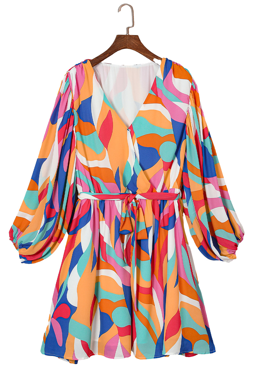 Multicolor Plus Size Abstract Print Oversized Sleeve Belted Dress - SELFTRITSS