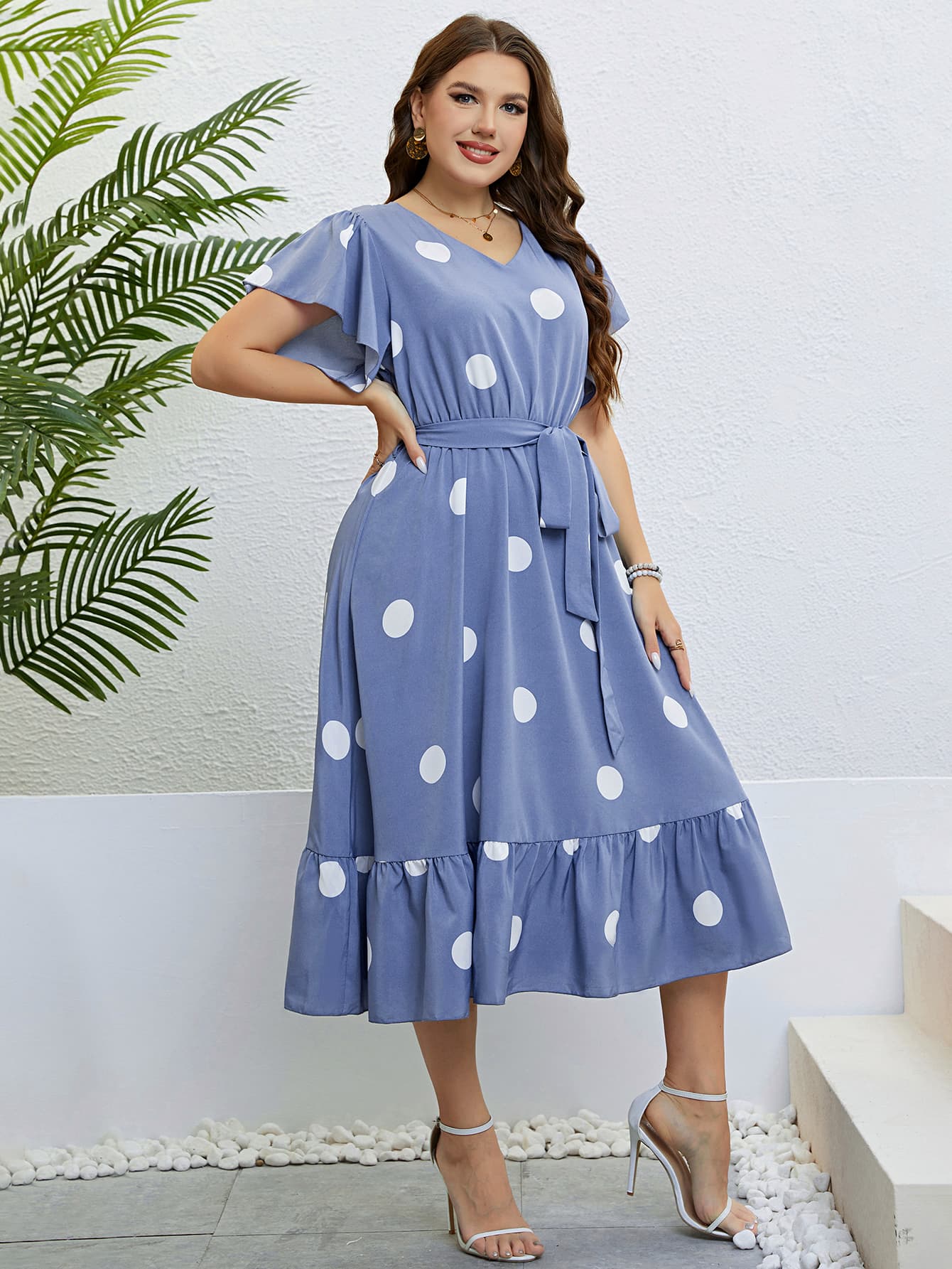 Polka Dot Belted Flutter Sleeve Ruffle Hem Dress - SELFTRITSS