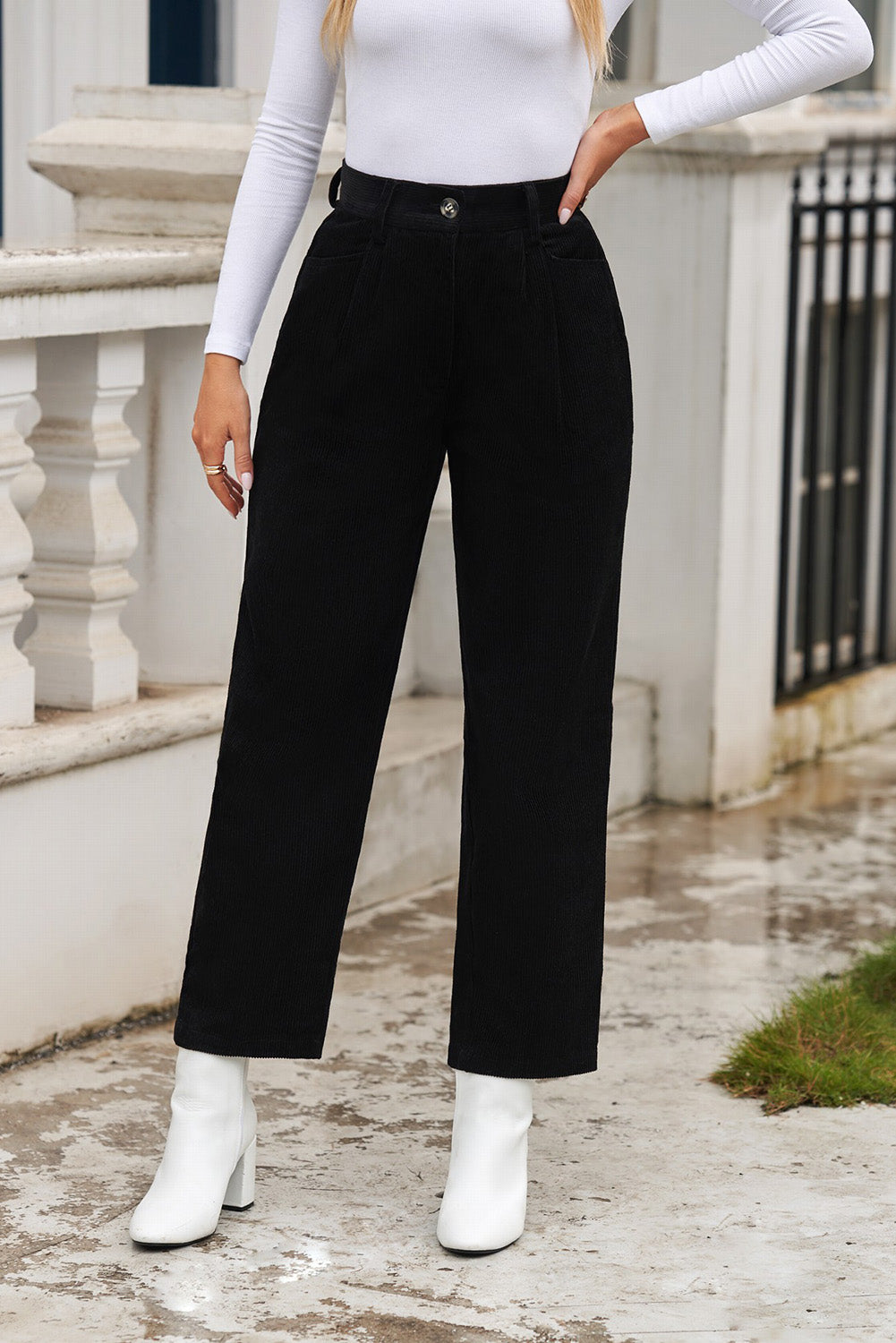 Black Corduroy High Waist Straight Leg Pants - SELFTRITSS