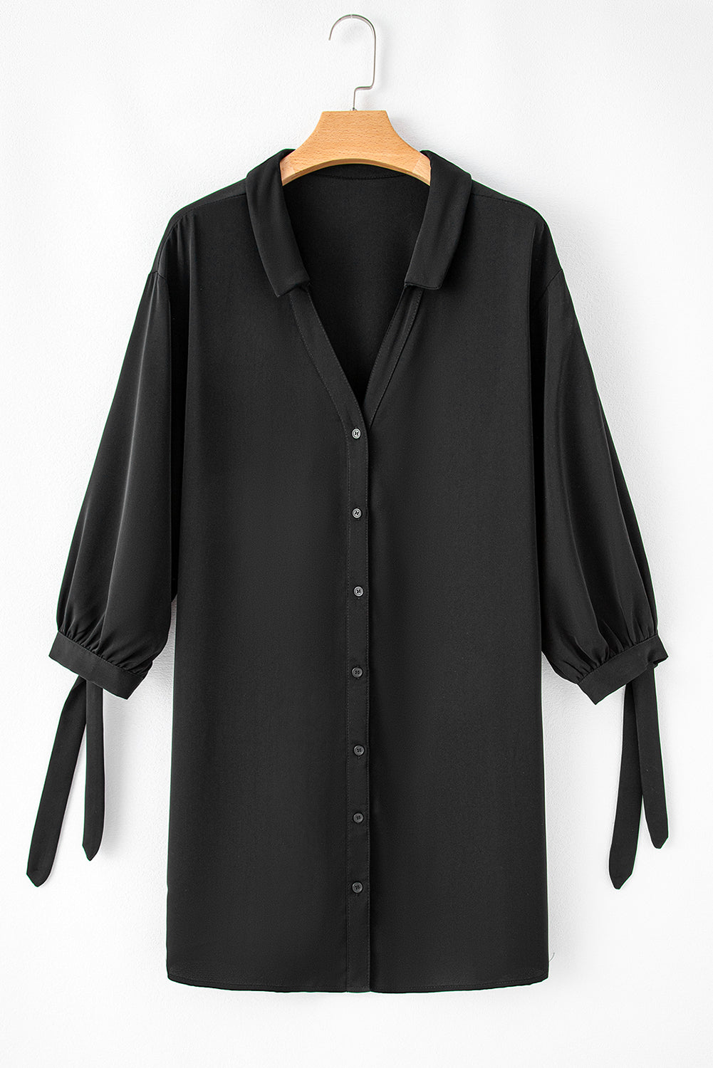 Black Plus Size Tie Cuffs V Neck Shirt Dress - SELFTRITSS