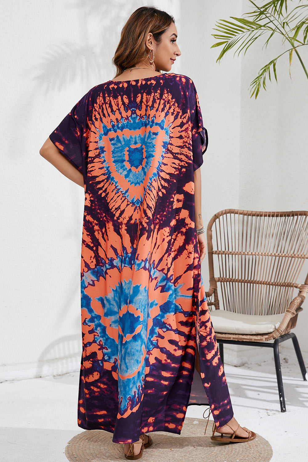 Slit Printed V-Neck Short Sleeve Cover Up - SELFTRITSS