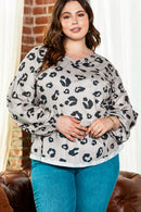 Gray Printed Leopard Balloon Sleeve Thermal Knit Plus Size Top - SELFTRITSS