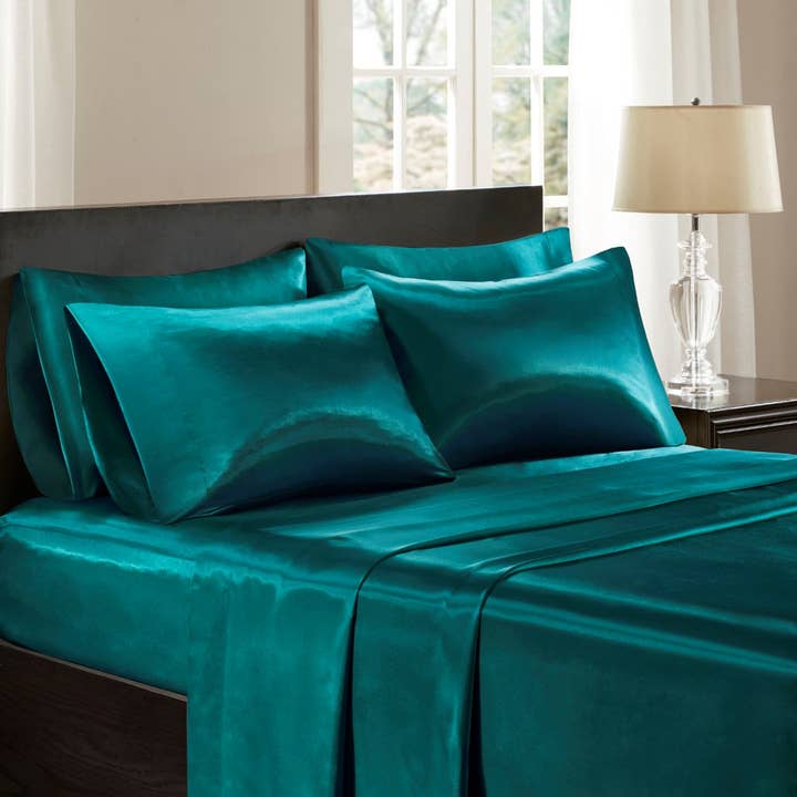 Luxury Satin 6-Piece Sheet Set, Teal Blue Green