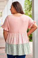 Pink Ruffled Short Sleeve Leopard Splicing Flowy Plus Size Top - SELFTRITSS   