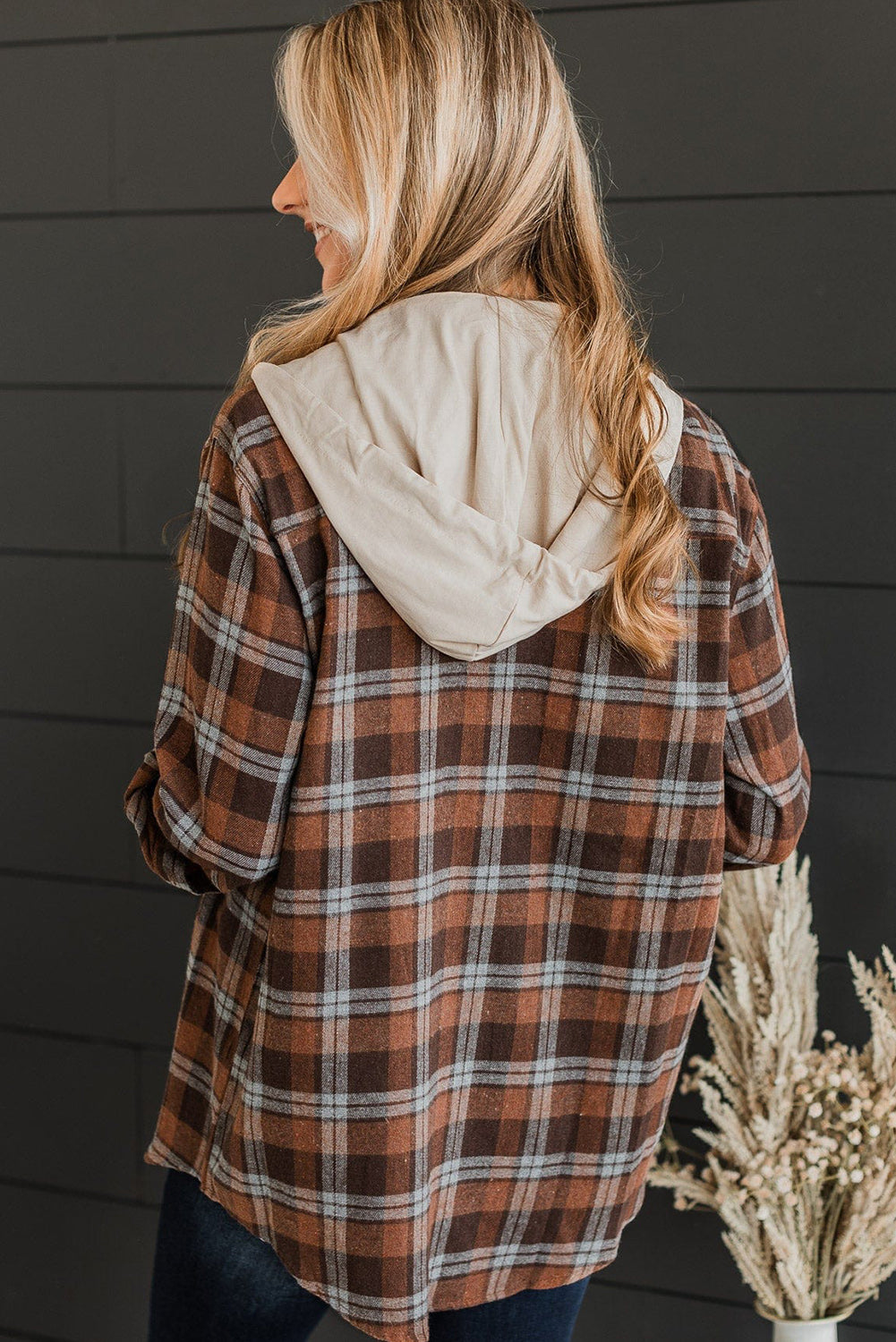 Brown Plus Size Plaid Contrast Button up Hooded Jacket - SELFTRITSS