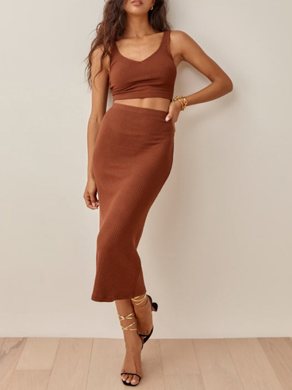 Wide Strap Top and High Waist Skirt Set - SELFTRITSS