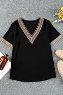 Black Lace Trim Short Sleeve V Neck Plus Size Top - SELFTRITSS