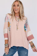 Pink Printed Pinstriped Color Block Patchwork Oversized Top - SELFTRITSS