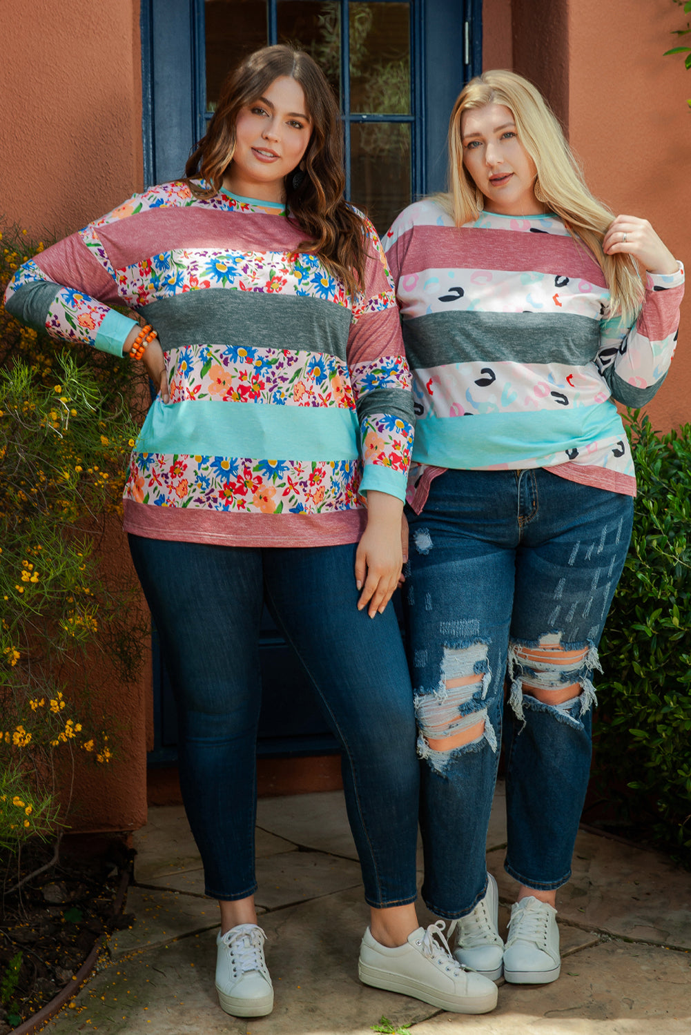 Sky Blue Stripe Plus Size Colorblock Pullover Top - SELFTRITSS   