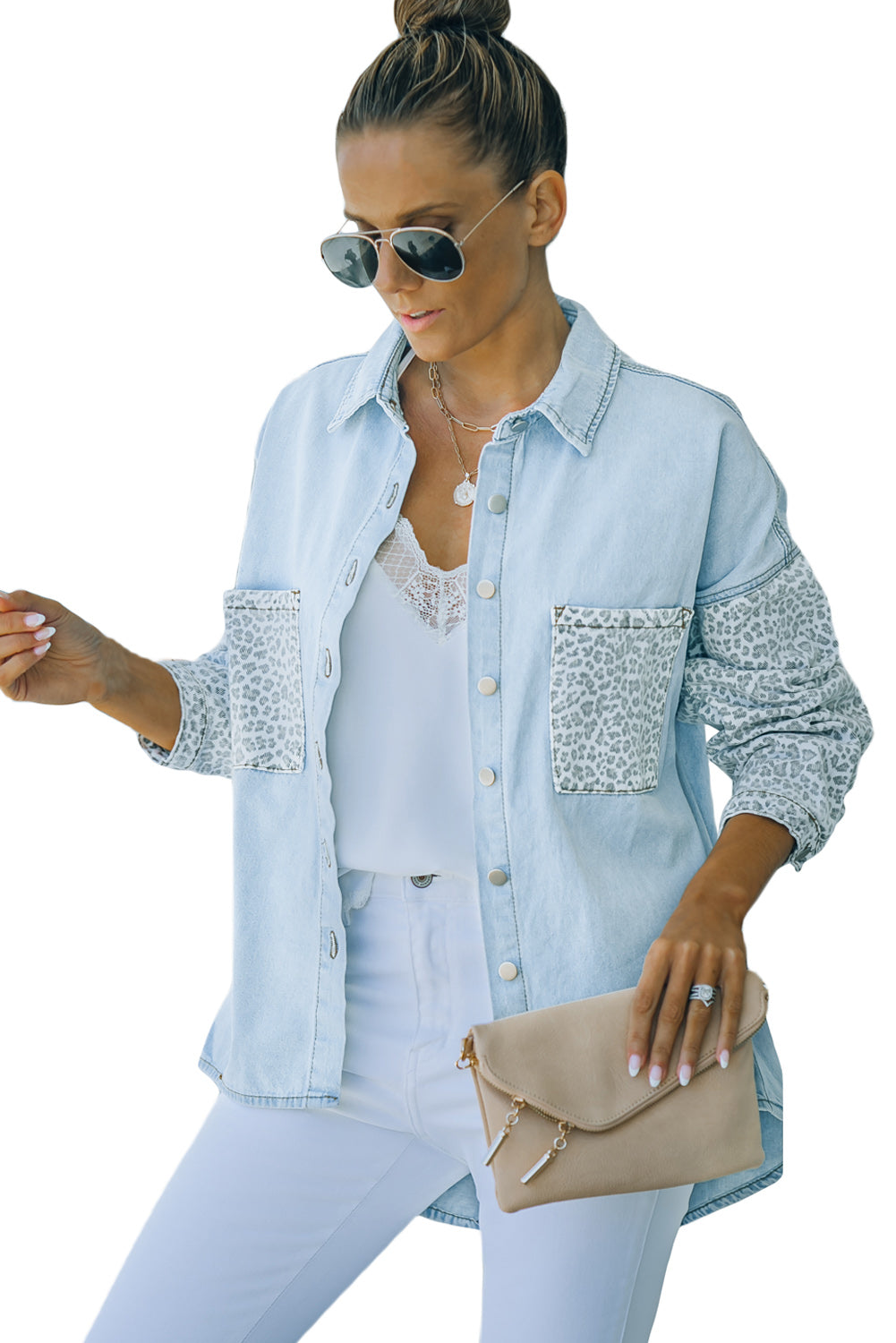 Sky Blue Contrast Leopard Denim Jacket - SELFTRITSS   