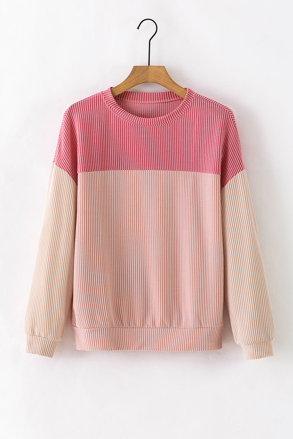 Pink Color Block Long Sleeve Ribbed Loose Top - SELFTRITSS   