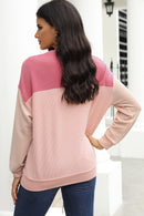 Pink Color Block Long Sleeve Ribbed Loose Top - SELFTRITSS   