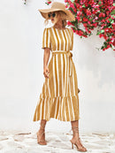 Striped Tie Belt Round Neck Puff Sleeve Dress - SELFTRITSS   