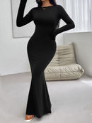 Devine Backless Round Neck Long Sleeve Maxi Dress - SELFTRITSS   