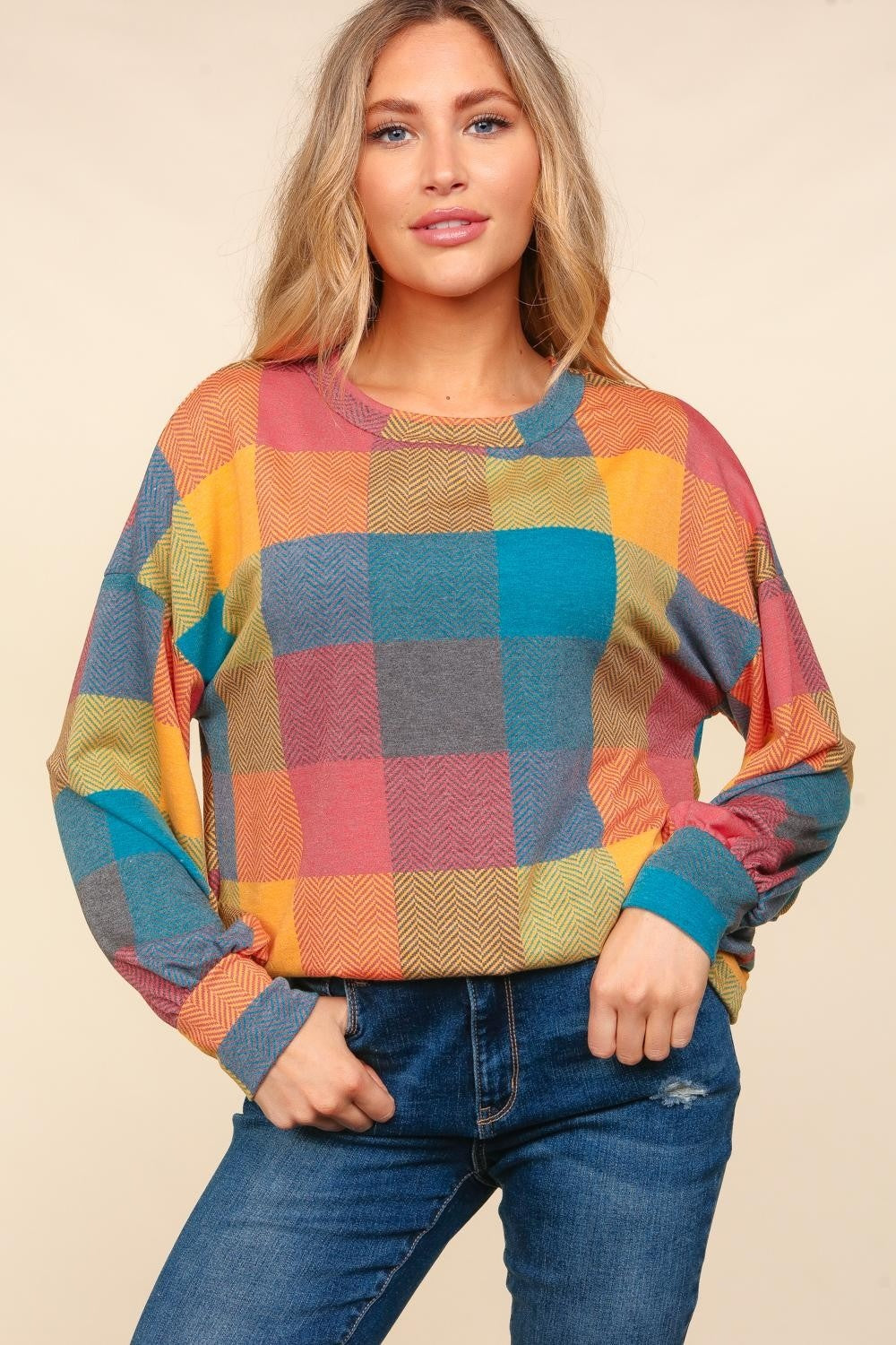 Haptics Round Neck Color Block Plaid Top - SELFTRITSS   