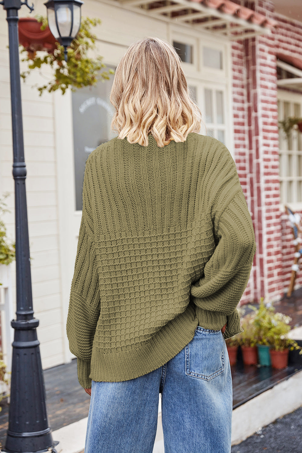 Camel Ribbed Drop Shoulder Lantern Sleeve Sweater