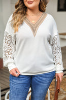 White Plus Contrast V Neck Lace Long Sleeve Top - SELFTRITSS