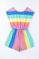 Multicolor Striped Print High Waist Short Sleeve Romper with Pockets - SELFTRITSS