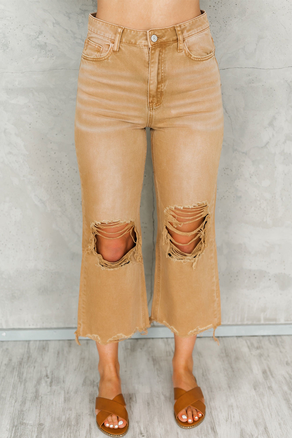 Brown Distressed Hollow-out High Waist Cropped Flare Jeans - SELFTRITSS