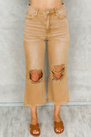 Brown Distressed Hollow-out High Waist Cropped Flare Jeans - SELFTRITSS