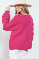 Rose Red Pearl Embellished Fuzzy Hearts V Neck Sweater - SELFTRITSS