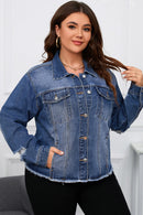 Dark Blue Plus Size Distressed Flap Pocket Denim Jacket - SELFTRITSS