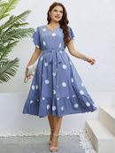 Polka Dot Belted Flutter Sleeve Ruffle Hem Dress - SELFTRITSS